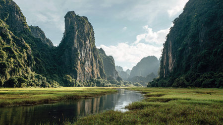 Discover the breathtaking beauty of a serene landscape featuring rocky mountains, lush greenery, and a calm river flowing gracefully through a vast meadow.の素材