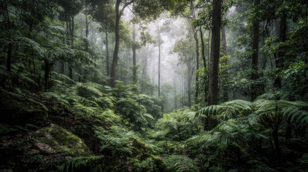 A captivating forest scene featuring towering trees and vibrant ferns shrouded in mist, evoking a sense of tranquility and connection with nature.の素材