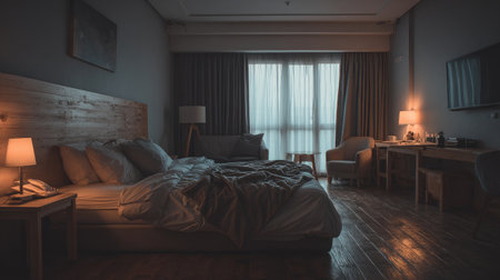 This serene bedroom features soft lighting and minimalist decor, creating a calm and inviting atmosphere perfect for relaxation and restful sleep.の素材