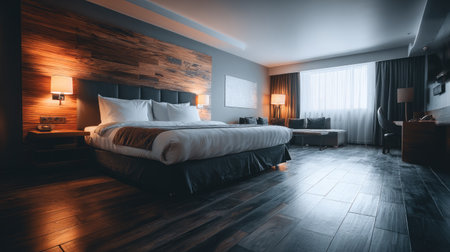 Experience a serene hotel room designed for comfort. Featuring a plush bed, wooden accents, and abundant natural light, it offers a perfect retreat for travelers.の素材