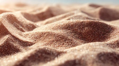 This close-up image showcases fine sand with soft waves and gentle sunlight glistening across the surface, creating a serene beach vibe perfect for relaxation and tranquility.の素材