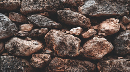 A stunning view of a stone wall made from various sizes of rocks in warm earthy tones. This image captures the rugged beauty and timeless appeal of natural materials.の素材