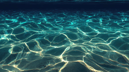 Stunning image of clear blue ocean water showcasing the sunlight reflections creating patterns on the sandy sea floor, embodying tranquility and natural beauty.の素材