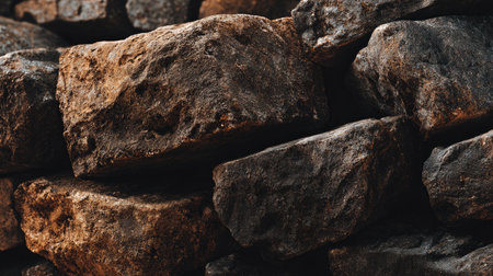 A close-up view of dark textured rocks piled together, showcasing their rugged surfaces and earthy tones. Ideal for creating natural backgrounds and textures.の素材