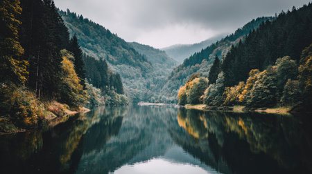 This breathtaking landscape showcases a tranquil lake nestled between majestic mountains and lush forests, reflecting the beauty of nature in autumn colors.の素材