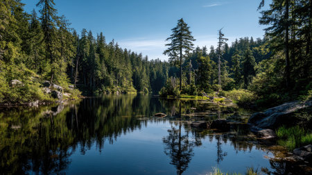 A breathtaking forest landscape showcasing a calm lake surrounded by tall pine trees under a clear blue sky, reflecting the beauty of nature's tranquility and serenity.の素材