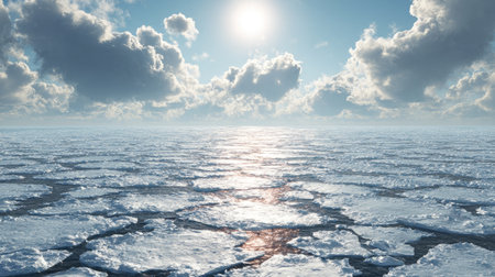 This stunning image captures a tranquil arctic landscape featuring ice floes glistening in the sunlight under a brilliant blue sky filled with soft white clouds.の素材
