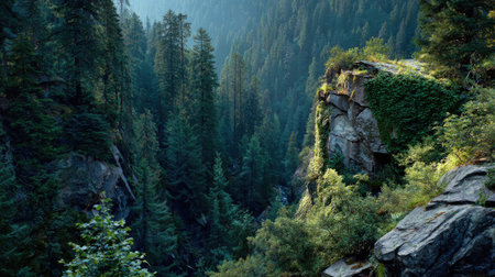 Discover a breathtaking forest landscape featuring towering trees, rugged cliffs, and soft morning light illuminating the serene wilderness, perfect for nature enthusiasts.の素材