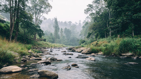 Discover a peaceful river scene with crystal-clear water flowing over rocks, framed by verdant trees and enveloped in a gentle mist, inviting tranquility and exploration.の素材