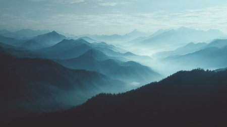 This stunning photograph captures a tranquil mountain landscape enveloped in soft fog and bathed in blue hues, perfect for conveying a sense of peace and serenity.の素材