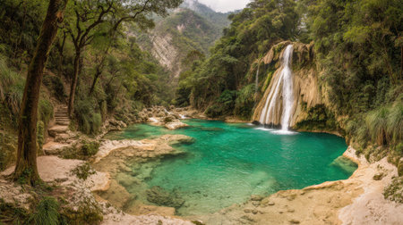 A stunning natural scene showcases a breathtaking waterfall pouring into a vibrant turquoise pool, enveloped by lush greenery and rocky formations, epitomizing tranquility.の素材