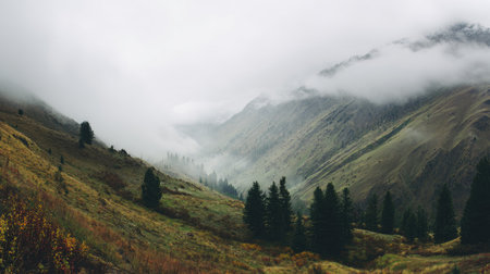 A serene mountain valley shrouded in mist, featuring lush greenery and dense fog that envelops pine trees. A perfect landscape for outdoor adventures and nature lovers.の素材