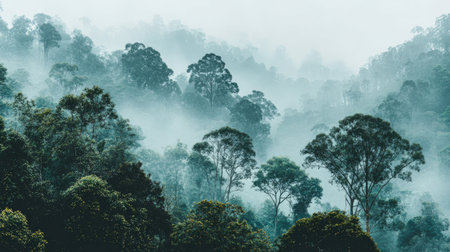 A beautiful misty forest landscape captures a serene atmosphere with lush greenery and fog, creating a tranquil setting perfect for nature exploration and relaxation.の素材