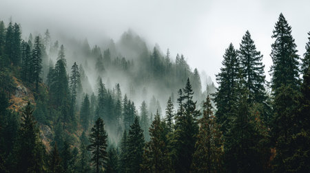 Captivating misty forest landscape featuring tall pine trees enveloped in fog, creating a serene and tranquil environment perfect for relaxation and reflection.の素材