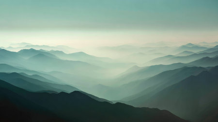 A captivating view of foggy mountains under gentle morning light. The layered peaks create a serene atmosphere, perfect for evoking tranquility and natural beauty.の素材