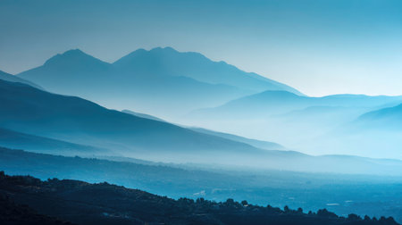 Serene and atmospheric misty mountain landscape featuring layered hills and valleys in calming blue tones, ideal for nature lovers and travel enthusiasts.の素材