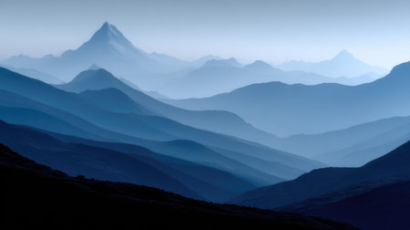 This enchanting mountain landscape captures the serene beauty of dawn with layered blue hues, showcasing nature's tranquility and dramatic formations in a peaceful setting.の素材