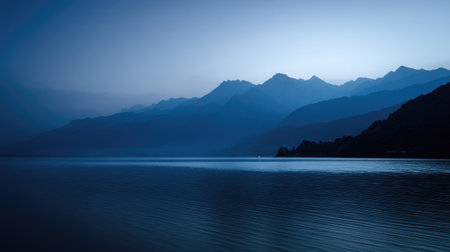 Experience the serene beauty of a tranquil lake at dusk, with misty mountains reflecting on still waters, creating a peaceful and calming atmosphere in nature.の素材