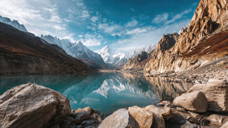 Experience the stunning beauty of nature with breathtaking snow-capped mountains reflected in a serene lake, capturing the essence of tranquility and wilderness.の素材