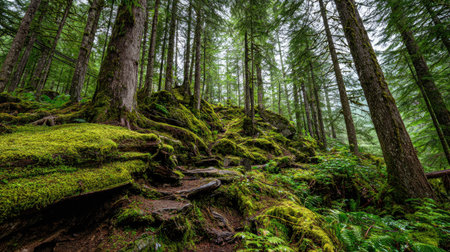 Explore the enchanting beauty of a lush green forest featuring moss-covered rocks and tall trees, inviting you to connect with nature's serene wilderness.の素材