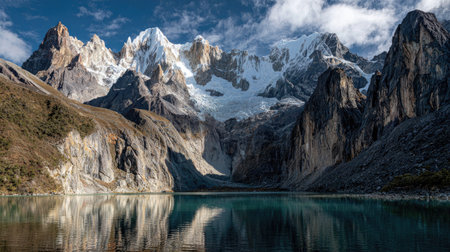 Stunning mountain landscape featuring towering glacial peaks and a serene lake. Captivating reflection in clear water, enhancing the natural beauty and tranquility.の素材