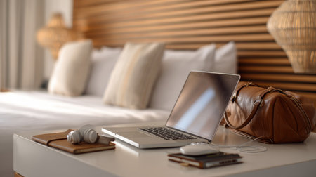 A modern workspace set up in an inviting bedroom features a sleek laptop, headphones, and a stylish leather bag on a white table, exuding a cozy yet elegant atmosphere.の素材