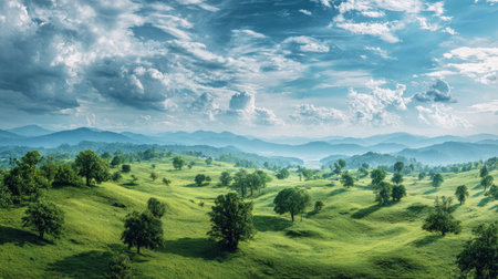 A breathtaking view of rolling hills features lush green grass and scattered trees under a partly cloudy sky. This serene landscape embodies the tranquility of nature.の素材