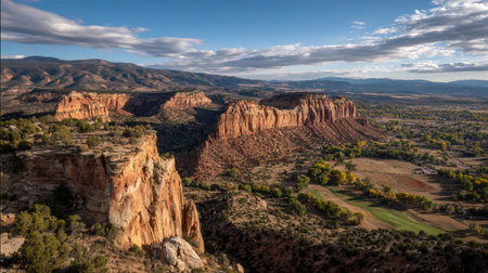 A breathtaking view of majestic rocky cliffs overlooking a vast valley, featuring scenic landscapes and dynamic skies, ideal for nature and travel enthusiasts.の素材