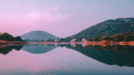 A picturesque landscape showcasing tranquil water that perfectly mirrors surrounding hills under a soft pink sky, creating an enchanting and peaceful atmosphere.の素材