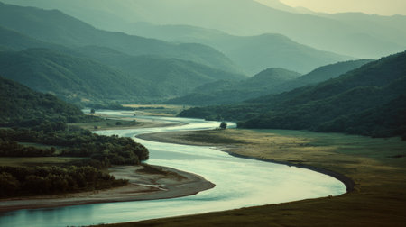 A breathtaking view showcases a winding river traversing lush green mountains, bathed in soft morning light, perfect for representing tranquility in nature.の素材