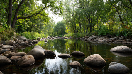 A peaceful river scene featuring smooth stones and lush greenery, reflecting the tranquility of nature. Ideal for promoting outdoor adventure and relaxation.の素材