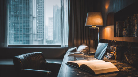 A cozy modern workspace features a leather chair and an open book on a sleek desk, illuminated by a warm lamp, near a large window showcasing a city skyline.の素材