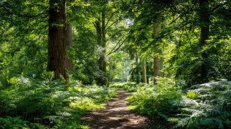 A picturesque pathway meanders through a lush green forest, illuminated by dappled sunlight. This serene environment invites exploration and relaxation among towering trees.の素材