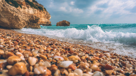 A peaceful beach scene showcasing colorful pebbles framed by gentle ocean waves. The dramatic sky enhances the natural beauty, perfect for relaxation and escape.の素材