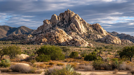 Stunning desert scene featuring a unique rock formation under a dramatic sky, showcasing the rugged beauty of nature's wilderness and vibrant vegetation.の素材
