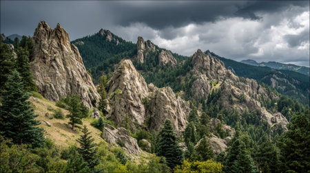 Experience stunning views of majestic mountains adorned with lush forests and dramatic clouds, perfect for outdoor enthusiasts and nature lovers seeking adventure.の素材