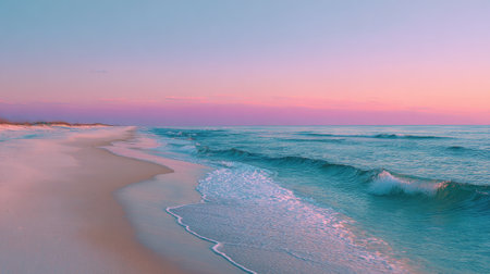 A breathtaking view of a calm beach at sunset, where gentle waves kiss the shore. The colorful sky creates a stunning backdrop for relaxation and tranquility.の素材