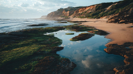 A breathtaking view of a serene coastline showcases calm waters reflecting the sky. Rocky shorelines mingle with lush green moss, evoking tranquility and natural beauty.の素材
