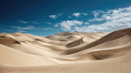 Vast sandy dunes under a brilliant blue sky with fluffy clouds create a serene and captivating desert landscape, showcasing nature's beauty and tranquility.の素材