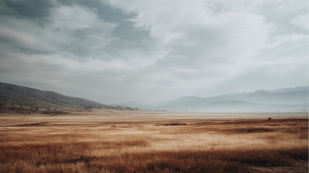 Expansive grassland landscape features dry grasses beneath a cloudy sky, with distant mountains enhancing the tranquility and beauty of the natural setting.の素材