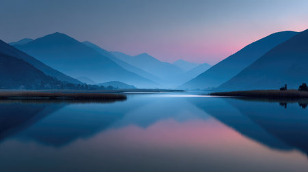 A picturesque view of a tranquil lake surrounded by misty mountains at dawn, featuring soft hues reflecting on the still waters, ideal for peacemaking nature lovers.の素材
