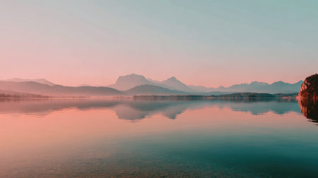 Experience the beauty of a peaceful lake at sunrise, surrounded by majestic mountains. The calm waters reflect the soft colors of dawn, creating a serene atmosphere.の素材