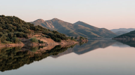 A tranquil landscape showcasing a calm lake framed by majestic mountains and lush greenery. The early morning light casts a beautiful reflection on the water.の素材