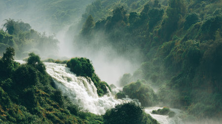 A stunning photograph capturing a powerful waterfall flowing through a lush forest, enveloped in a soft mist, evoking tranquility and the beauty of nature.の素材