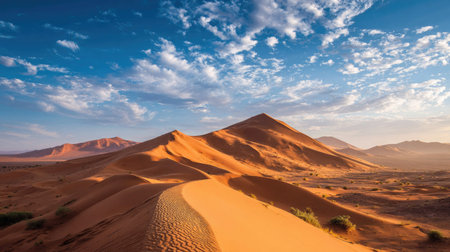 This breathtaking image showcases a vast desert landscape featuring majestic sand dunes bathed in warm sunlight, under a beautifully textured sky filled with clouds.の素材