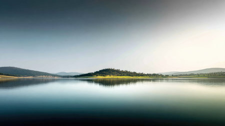 Beautiful lake landscape showcasing calm blue waters and green hills under a clear sky. Perfect for relaxation and nature appreciation in a serene environment.の素材