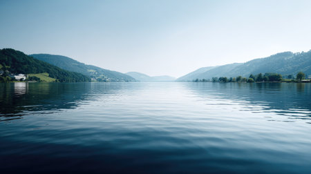 Experience the serene beauty of a tranquil lake reflecting majestic mountains under a clear blue sky, embodying the essence of peace and natural wonder.の素材