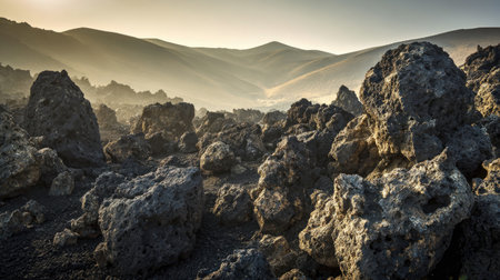 Explore a captivating volcanic landscape featuring striking rock formations under soft morning light, evoking a sense of serene isolation and natural beauty.の素材