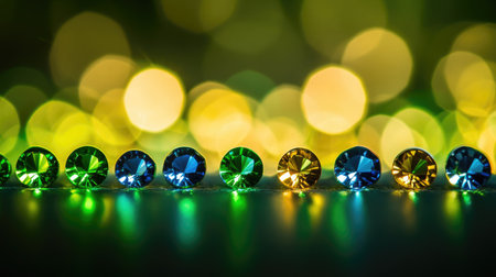 Vibrant and colorful gems sit elegantly in a row, illuminated by soft bokeh lights in the background, creating a stunning visual that enhances a sense of luxury and beauty.の素材