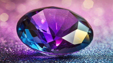 A beautifully cut gemstone reflecting vibrant colors against a shiny surface, enhanced by a dreamy bokeh background in shades of purple and blue. Perfect for art projects.の素材